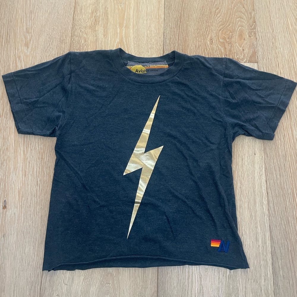Aviator Nation Womens Charcoal Tee with Gold Lightning Bolt size XS NWOT